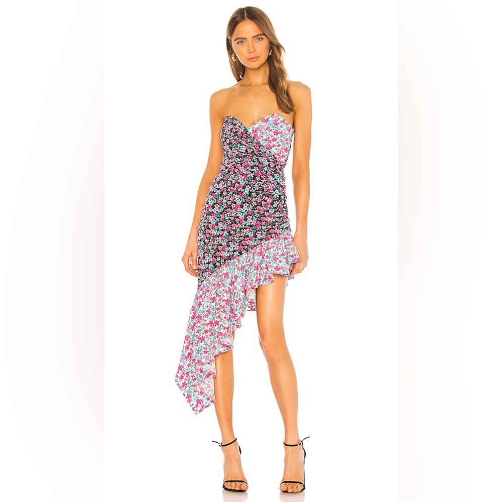 lovers + friends trish mixed floral asymmetrical strapless dress